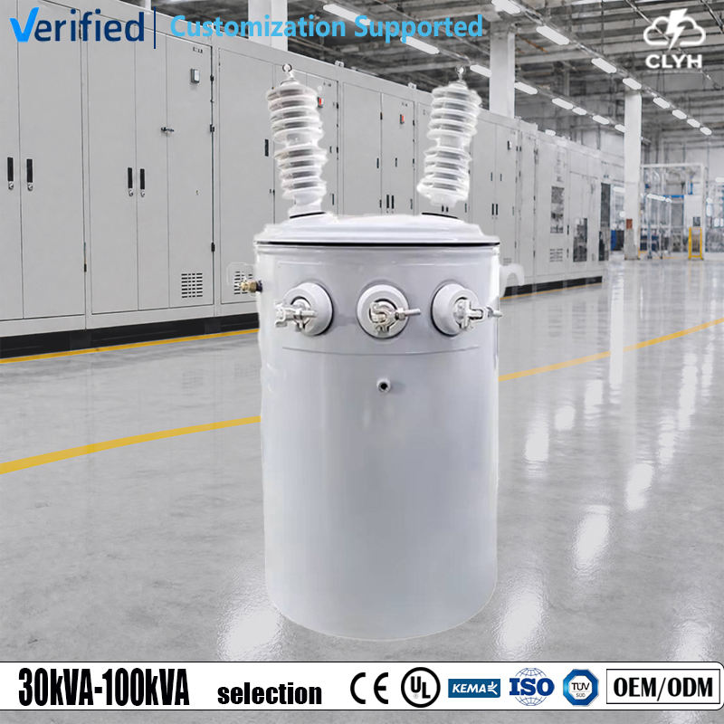 Single-phase pole-mounted oil-filled distribution transformer, 25 to 100 kVA, cylindrical tank